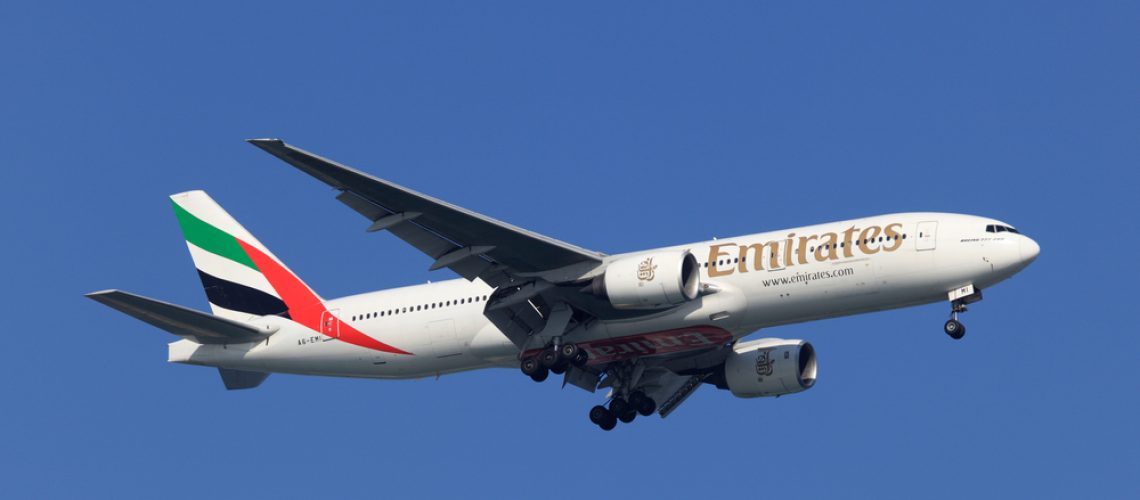 Boeing 777-200 of Emirates Airlines preparing for landing in Doha, Qatar. Photo taken at 8th of January 2012